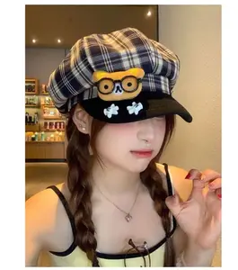 Women's Plaid Newsboy Cap with Cute Bear Patch Kawaii Checkered Baker Boy Hat