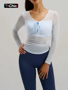 Women's Sheer Mesh Long Sleeve Yoga Top, Slim Fit & Figure - Flattering with Attached Fixed Padded Bra, Athletic Yoga Tops, Gym Tops, Breathable Workout Tops, Yoga Clothes