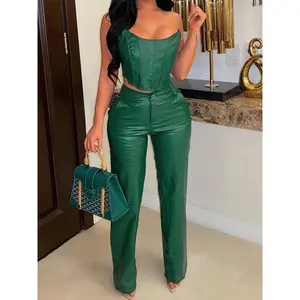 Women’s solid-color tube top and PU leather pants two-piece set, fashionable and casual sleeveless top and leggings, suitable for everyday outdoor wear and Valentine’s Day gifts, two-piece set for women, summer women’s clothing, women’s clothing