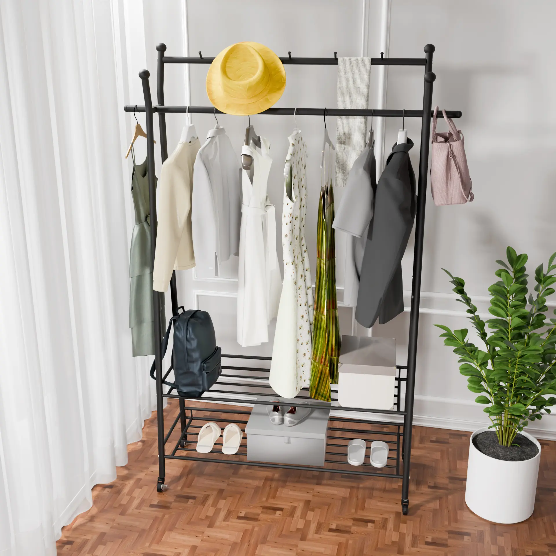 1 pc, adjustable floor standing independent 3-layer clothes hanger with wheels, used for hanging clothes