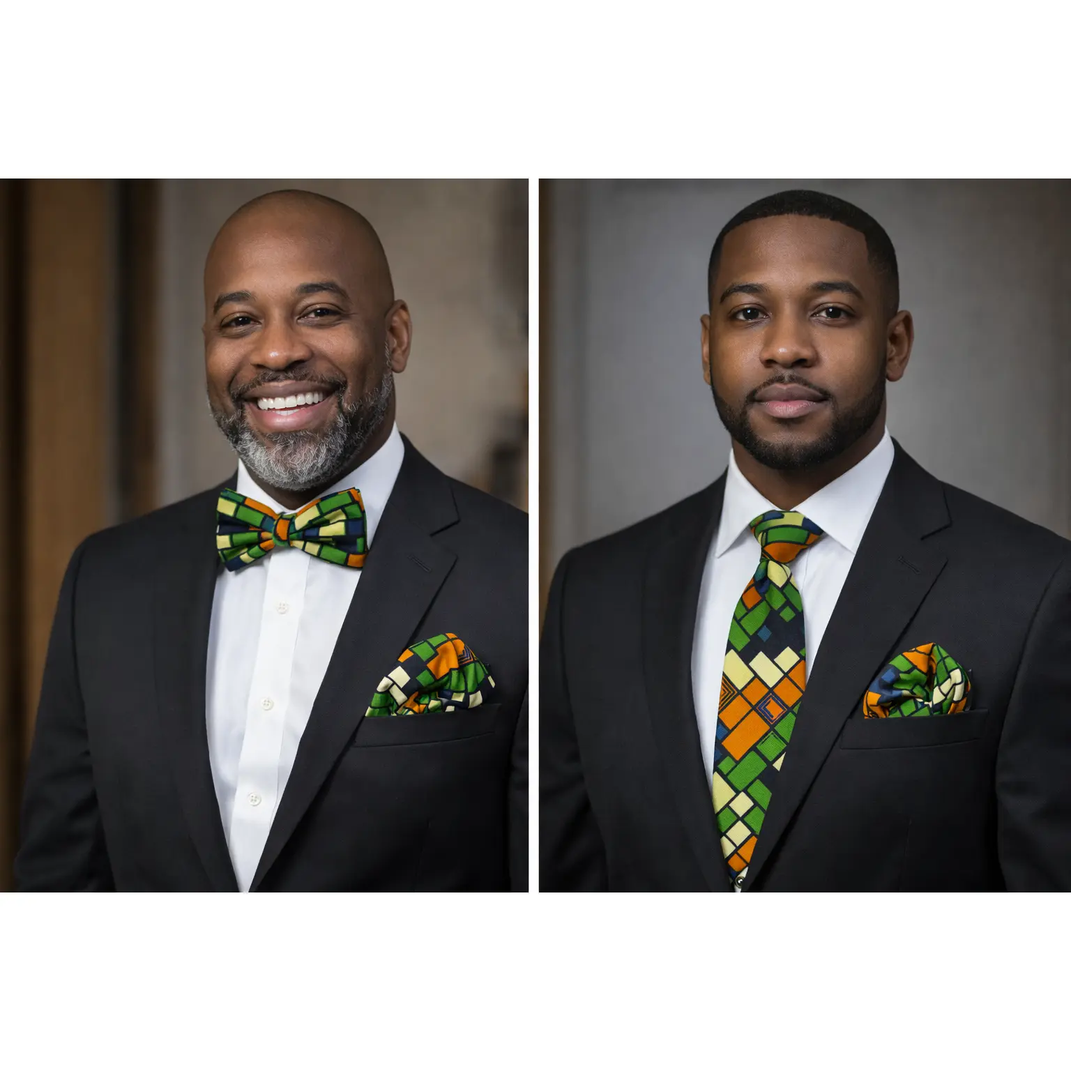 Emerald Kente-Inspired Bow Tie & Necktie Set with Matching Pocket Square