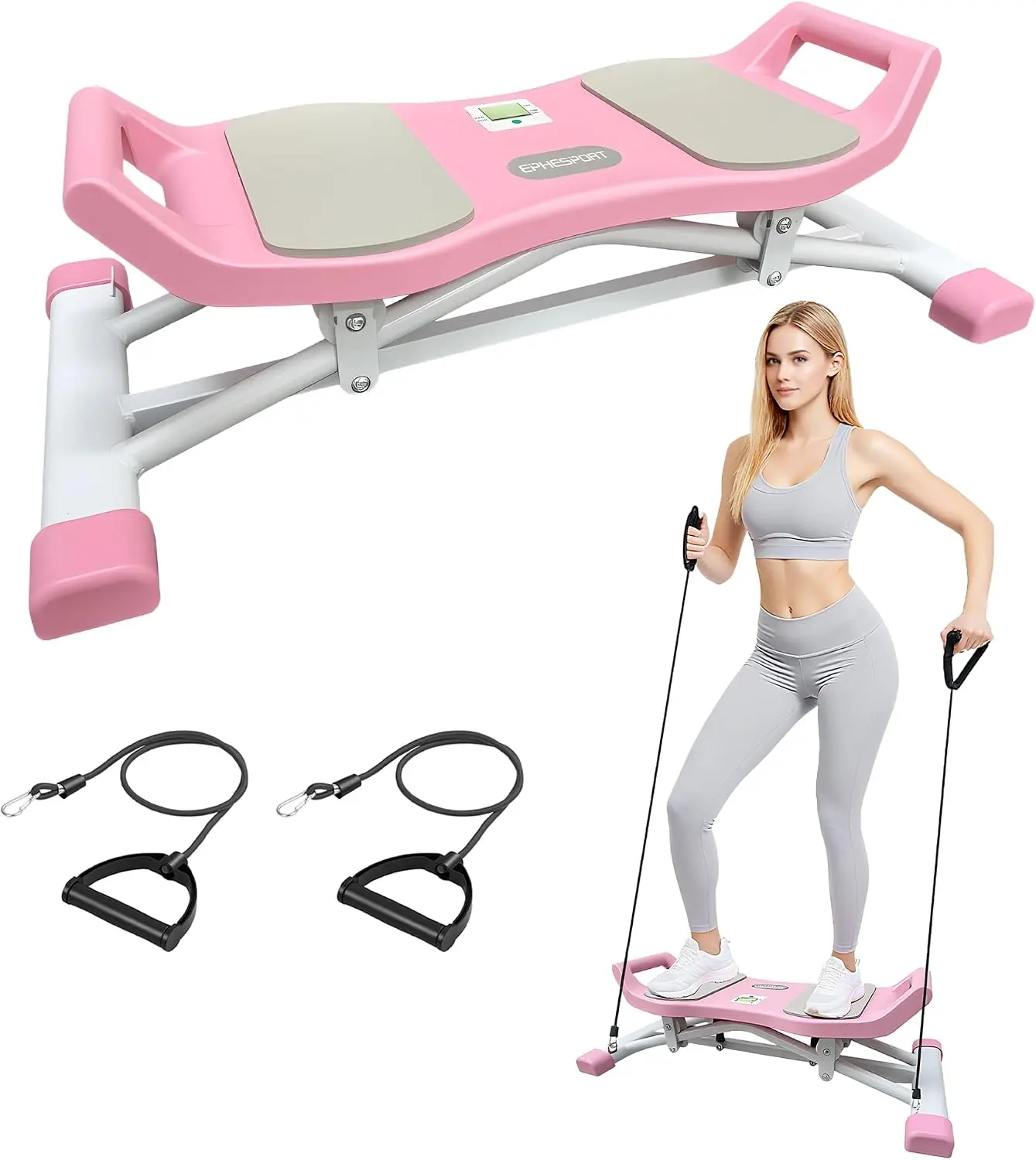 Pink Rocking Balance Board Stepper - Ski-Inspired Home Gym Core & Stability Fitness Trainer with Resistance Bands, LCD Monitor, 300 lbs Capacity