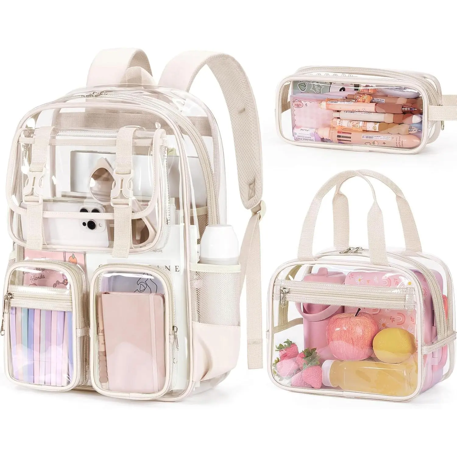 Clear Backpack for Girls - 3 count Heavy Duty  Clear Bags Schoolbag Large Transparent PVC Bookbag with Lunch Box Pencil Case Set for Travel School Concert Stadium Events Backpacks