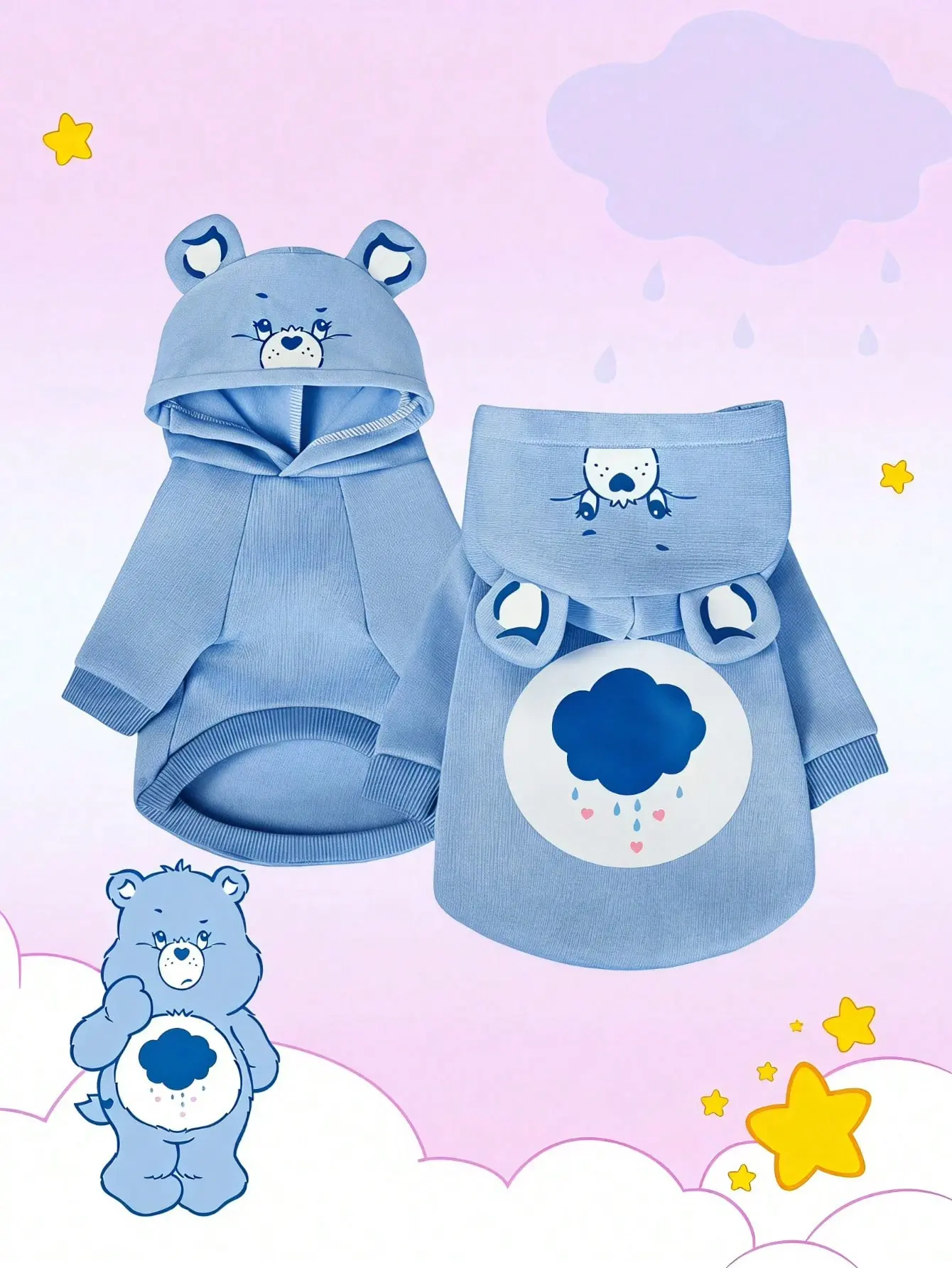 AESS x PETSIN Pet Hooded Sweatshirt Bear Print Blue Cute Three-Dimensional Ear Plush Warm And Comfortable For Dogs Cats Puppy Kitten