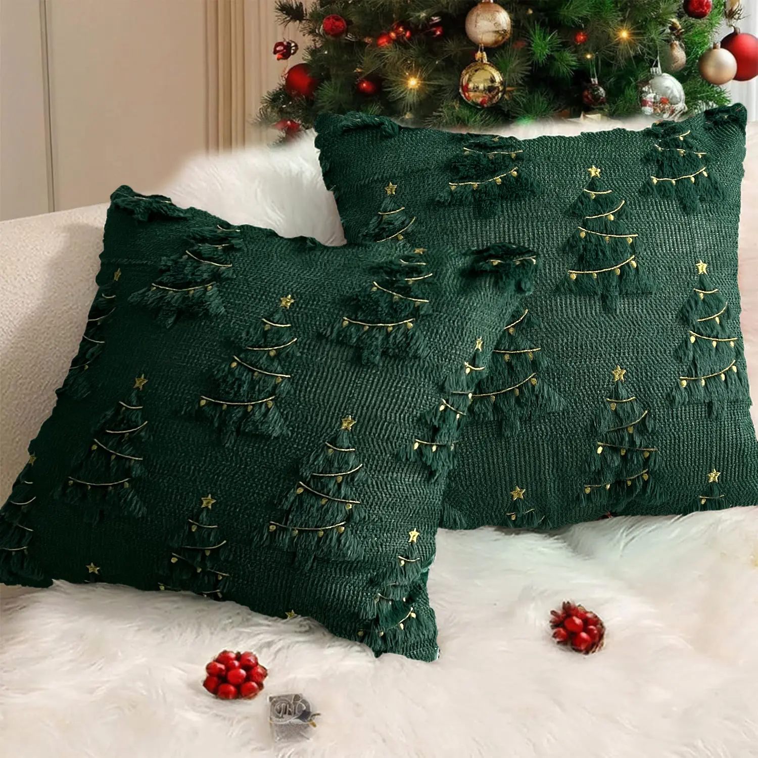 18x18 in Soft Plush Faux Fur Wool Christmas Pillow Covers (Set of 2) - Red Xmas Tree Print Home Decorative Cushions, Soft Cushions for Sofa, Living Room Holiday Decor, Home Decorative Cushion