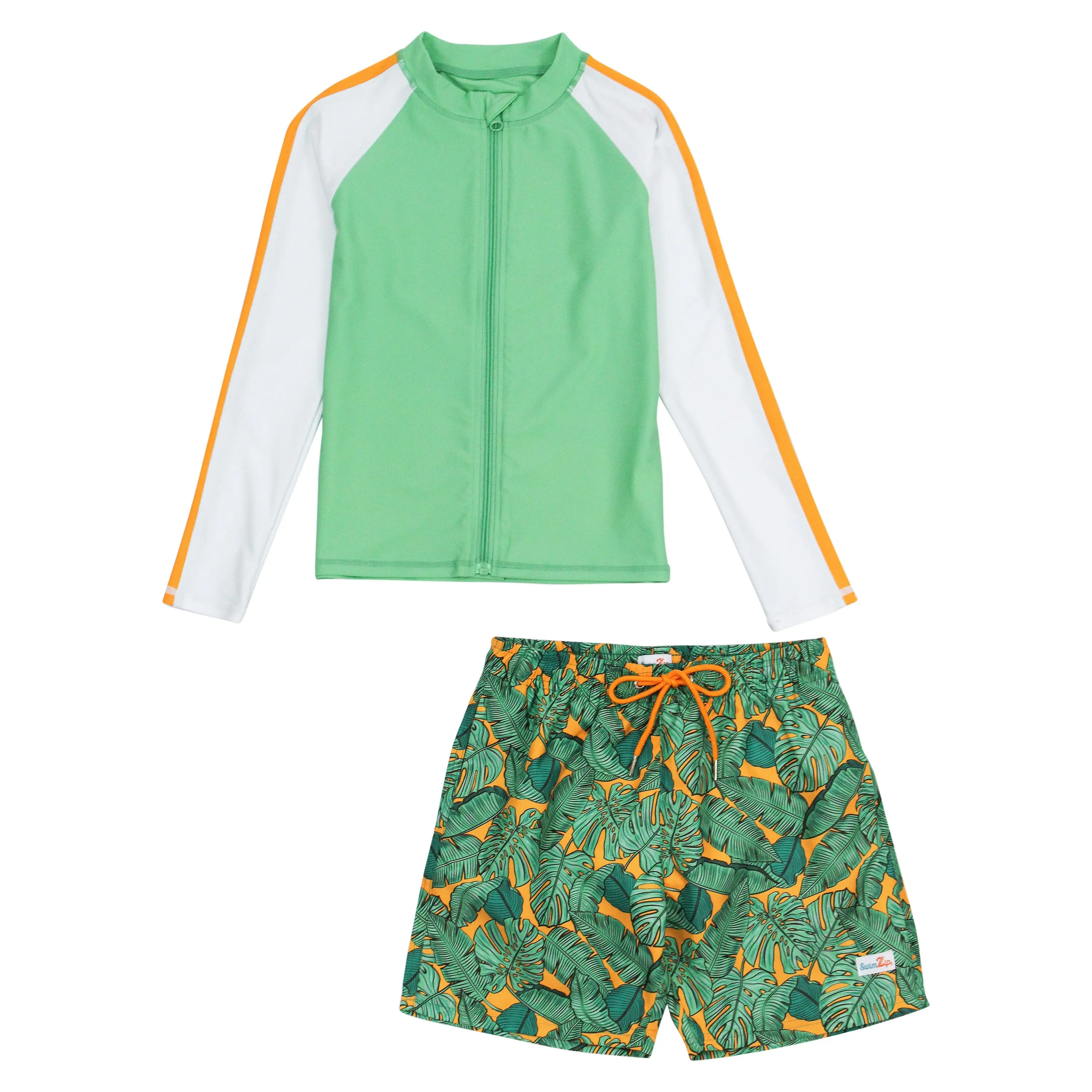 SwimZip Boys UPF 50+ Long Sleeve Zipper Rash Guard and Swim Trunk Set