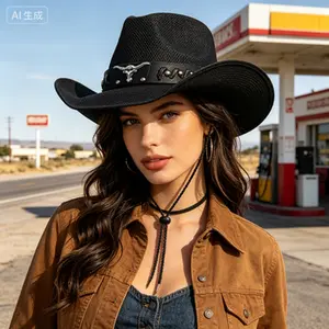 Vintage Mesh Cowboy Hat with Metal Bull Head Ornament - Breathable Western Style Sun Hat for Men & Women