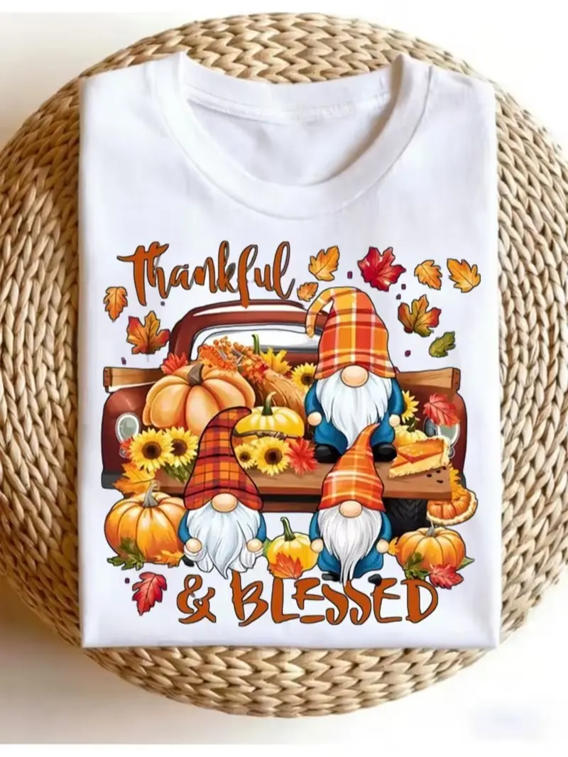 Women's Thanksgiving Short-Sleeve Round Neck Garment, Comfortable Everyday Fabric, Gnome Turkey Pumpkin Print, Blessings Slogan, Casual Autumn Holiday Outfit, Shortsleeve, Tee