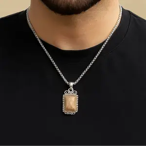 925 Sterling Silver Handmade Rectangle Gemstone Fossil Coral Pendant