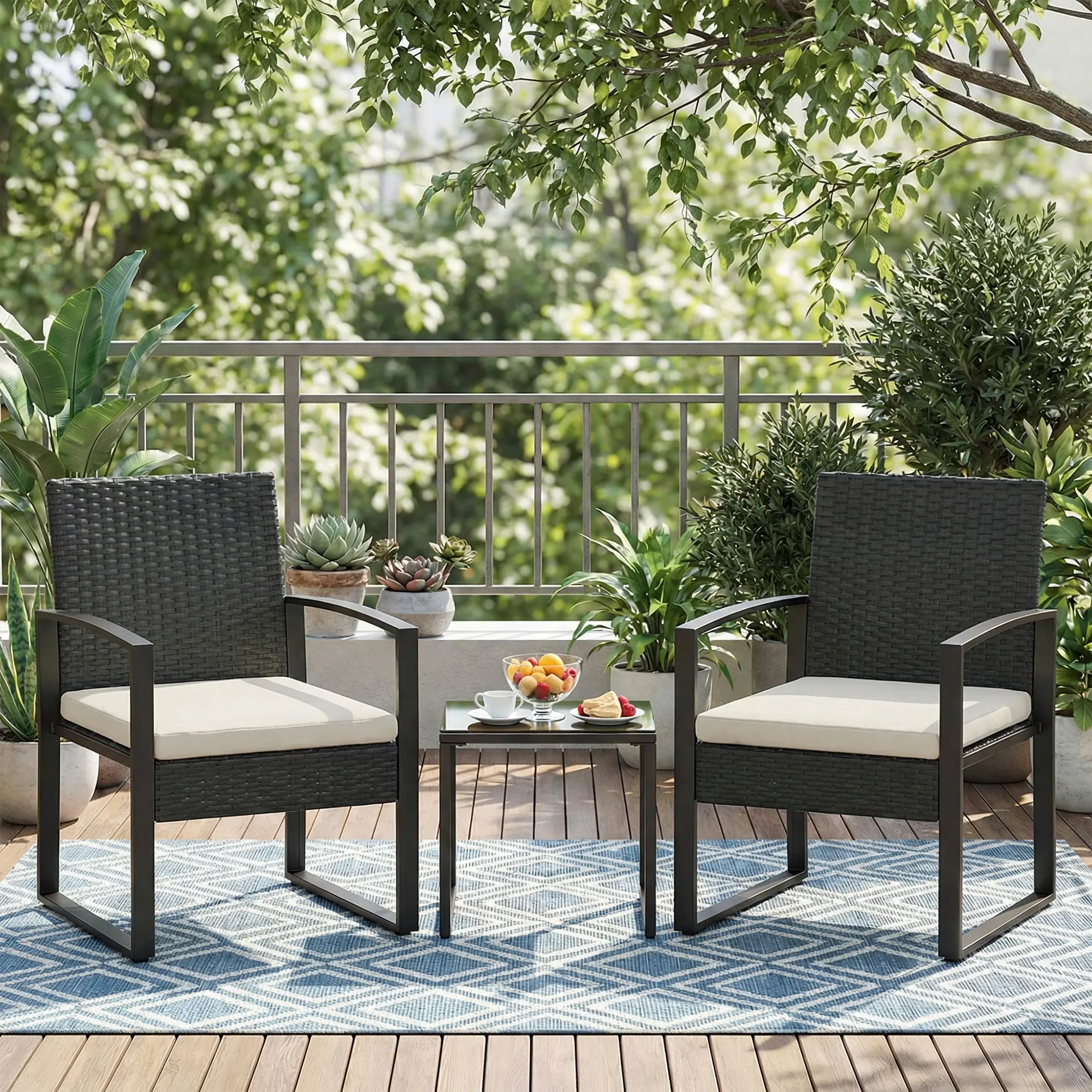 3 Piece Patio Bistro Set with Cushions and Tempered Glass Coffee Table, PE Rattan Outdoor Conversation Set, Wicker Patio Furniture for Garden Balcony Backyard Porch Poolside Sunroom, Steel Frame Chairs and Table
