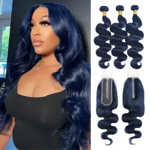 ALHER Body Wave 2x6/4x4 HD Closure With 3 Bundles Dark Blue Color Human Hair 12A 100% Brazilian Hair Bundles With 2 by 6 Long Deep Middle Part Closure And Free Part Pre plucked Small Knots 150% Density for Black Women