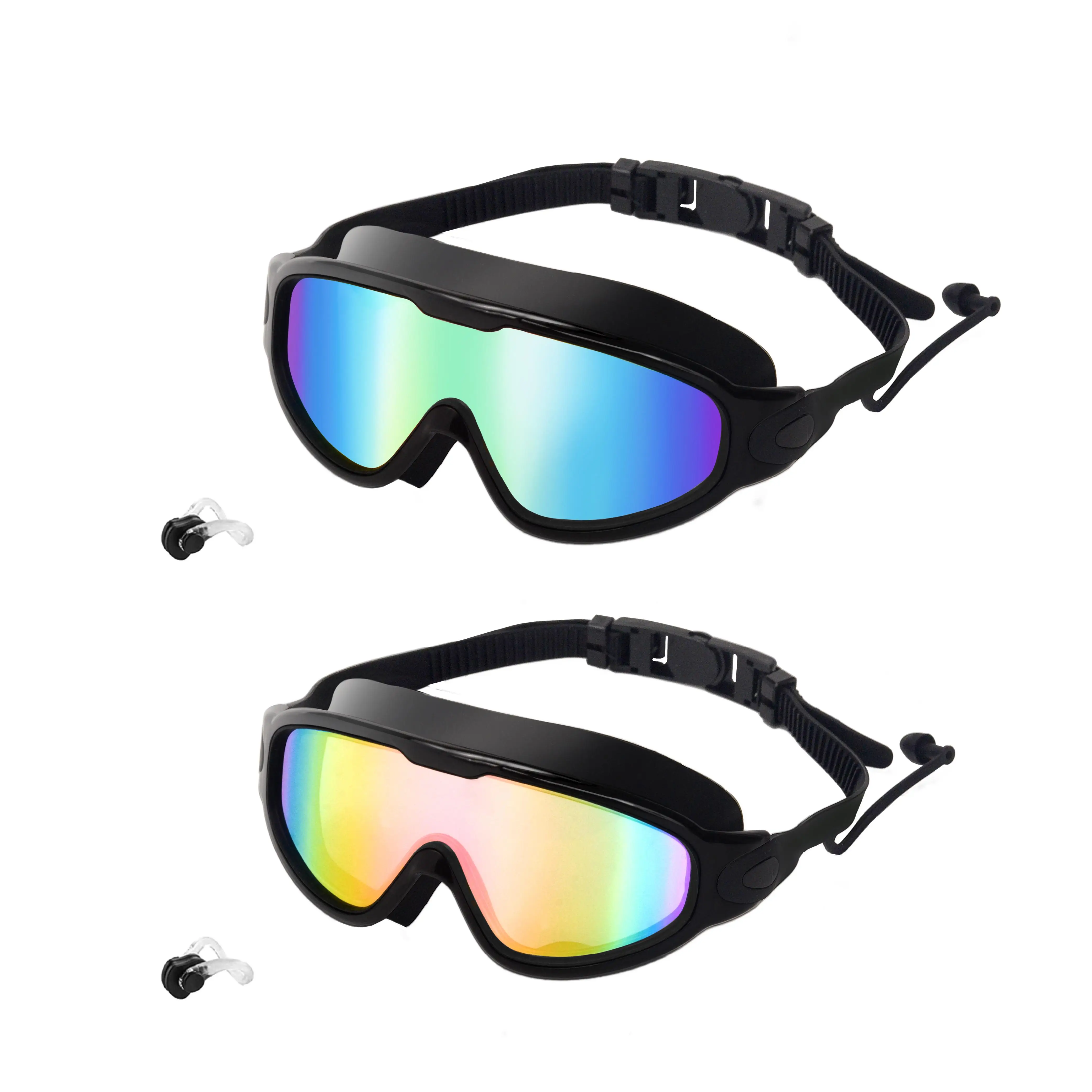 GOECI 2 Pack - Swim Goggles for Adults & Kids - Anti-Fog Full-Coverage, 3-Color UV Lens, Waterproof Earplugs & Nose Clip, Fit Outdoorfun