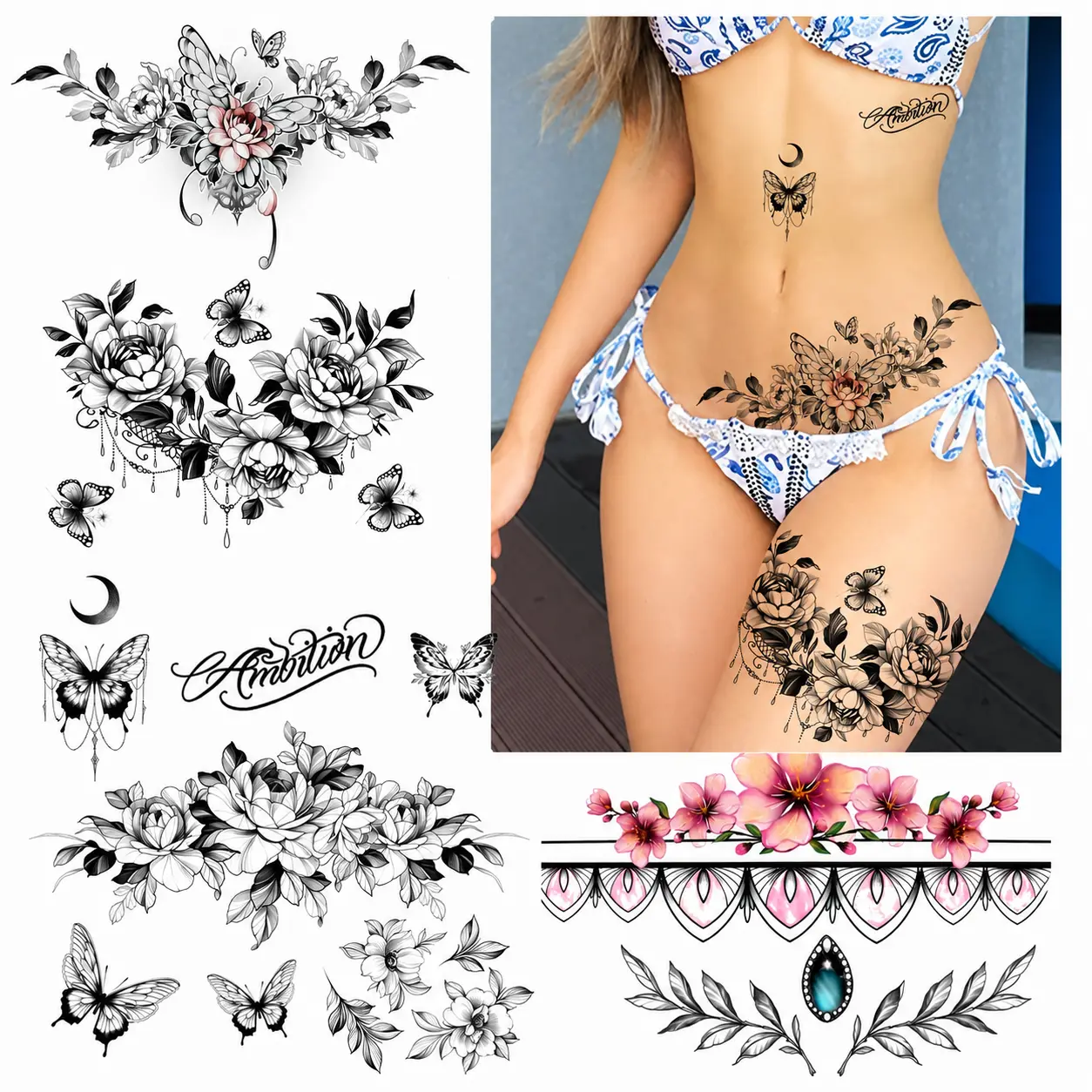Women Sexy Temporary Tattoo Sexy Tattoo Set Beautiful Exquisite 3D Realistic Flowers, Butterfly, Abdominate, Chest, Waist and Back Applied Fake Tattoo for Girls ((Design 3))