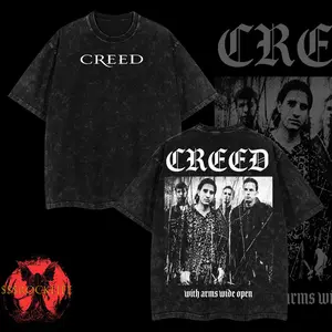 [$$$MANLIFE] Retro Creed Band With Arms Wide Open Double Printed Graphic Washed T-Shirt – Acid Washed Heavyweight Cotton, Classic 90s Grunge Vibes, Alternative Streetwear Essential for Rock Lovers