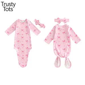 Trusty Tots Baby Sleeper Gown with Headband Set Cute Bow Print Newborn Nightgown Hairband Set for Girls Sleeve  Swimsuits with Ruffled Hem Cherry
