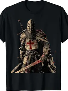 Men'S Medieval for knight Templar Crusader T-Shirt |   Christian Warrior Design with Sword & Cross - Soft Breathable Crew Neck Tee - Historical Christian Military Order - Medieval Costume Party Outfit - Religious Gift for Knights Templar Fans - Availa