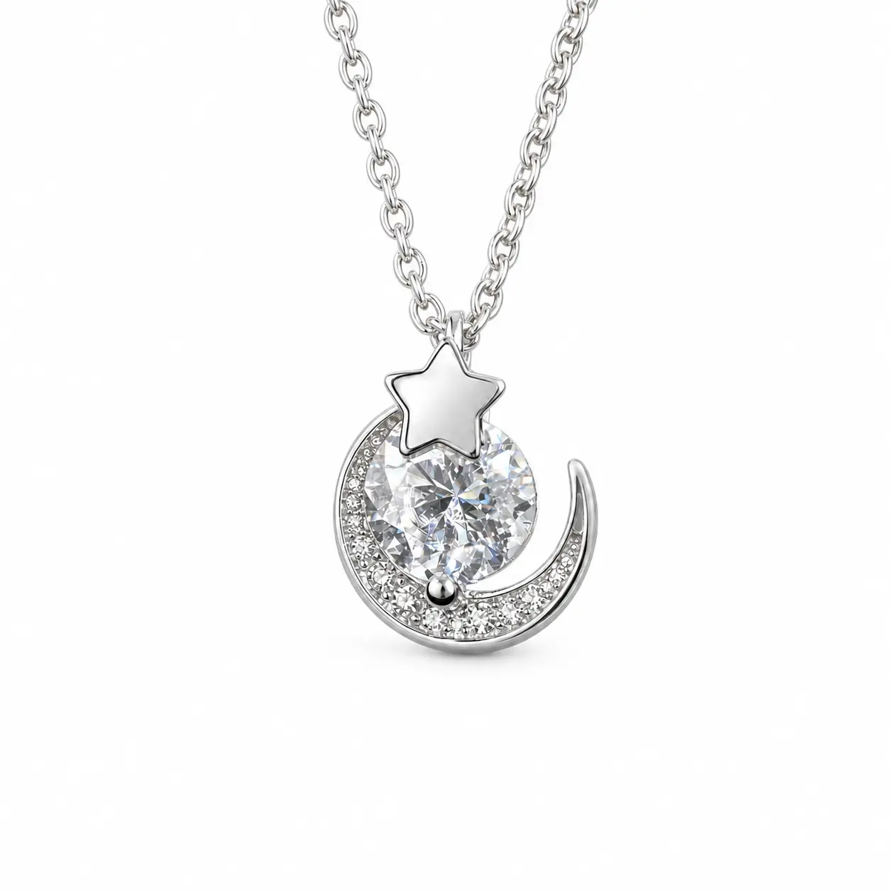 Moon Star Round Cut Moissanite Pendant Necklace, GRA Certificate