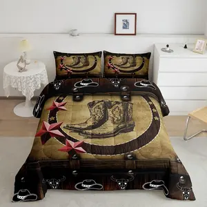 Feelyou Cowgirl Boots Decorative Bedding Set - Western Cowboy Hat Rustic Farmhouse Microfiber Duvet Set, Country Woodland Pink Bedding Decor, Microfiber Bedding Set