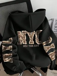 Unisex Trendy Black Hoodie with Leopard Print NYC Graphic, Oversized Comfy Pullover, Edgy Streetwear for Teens & Adults, Perfect for Fall Winter Casual Looks