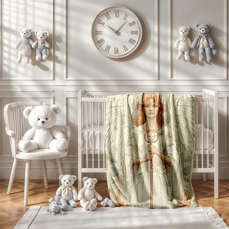 1 piece White-clad angel holding a staff, holy angel image themed flannel blanket - Oversized fluffy warm sofa blanket, flannel for beds, all-season multi-purpose, modern style, machine washable, digital print design, 100% polyester, suitable for