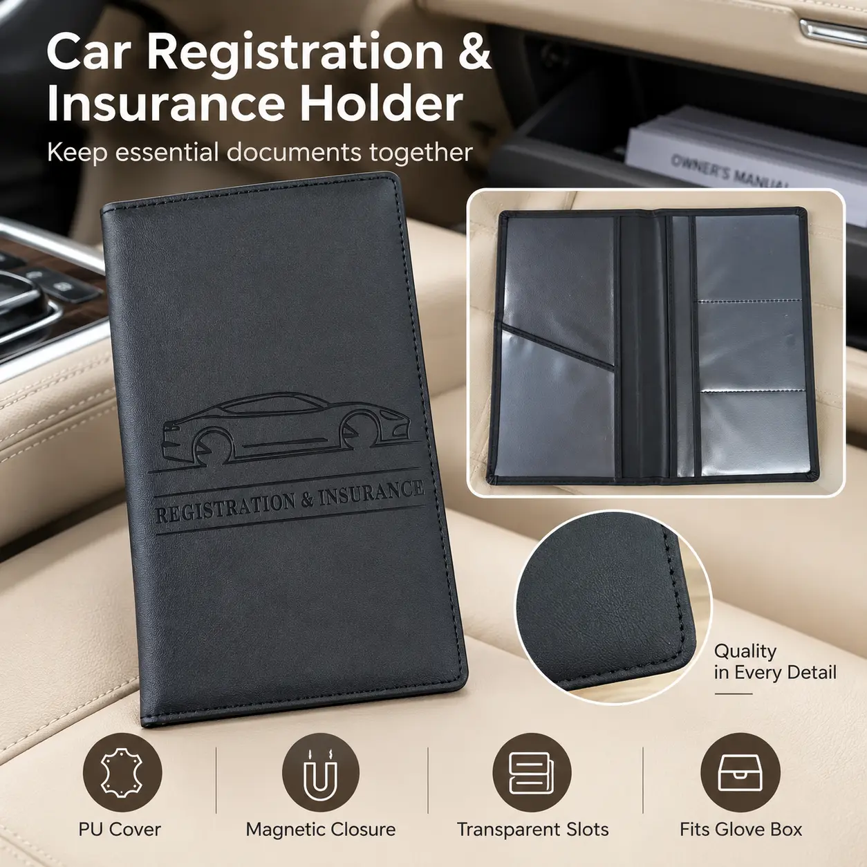 Car Registration & Insurance Holder, Black PU Vehicle Document Organizer with Magnetic Closure and Transparent Pockets, Slim Glove Box Storage Case for Registration, Insurance Cards and Car Papers