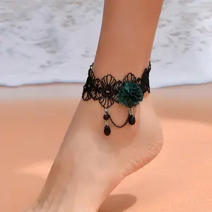 [Gothic Anklet] Unique Gothic Black Lace Flower Anklet | Alloy Ankle Bracelet for Women | Casual Attire & Music Festivals
