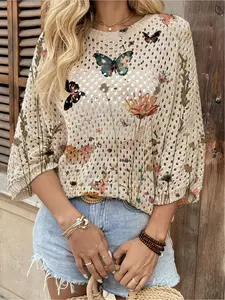 Spring and Summer Collection: Round-neck open and loose batwing shoulder sleeve pullover, color-blocked butterfly print women's knit top, beachy style, casual and elegant for work, women's tank top, bikini top, Bohemian beach-style seaside pullover