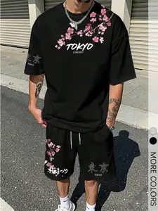 Men's Black Japanese-Style Cherry Blossom Print Suit, Featuring a Loose-Fitting T-Shirt and Drawstring Shorts, Suitable for Everyday Summer Wear and Street Style, Streetwear