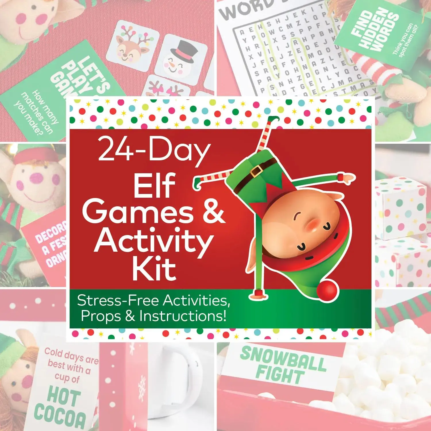 Christmas Elf Games & Activity Kit with Instructions for 24 Days, Props