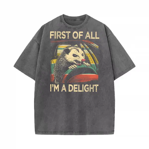 Women's Unisex Funny Possum Character Print T-Shirt - Vintage Washed Retro Textured Cotton Fabric, Sarcastic Oversized Streetwear Top, Delight Vibe Graphic Tee