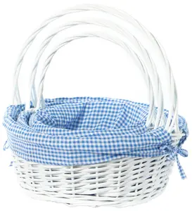 Vintiquewise QI004550BL.3 White Round Willow Gift Basket, with Blue and White Gingham Liner and Handles, Set of 3