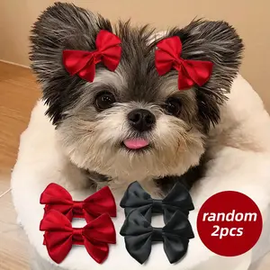 [Red Bow Hair Clips] 2pcs Elegant Red Bow Hair Clips, Handmade Mini Pet Grooming Accessories, Non-Stick Fur Hairpins for Cats, Yorkies, Maltese, Bichon - Chic Solid Color Design, Cat Hair Styling |   Stylish Pet Accessory |   Quality Craftsmanship
