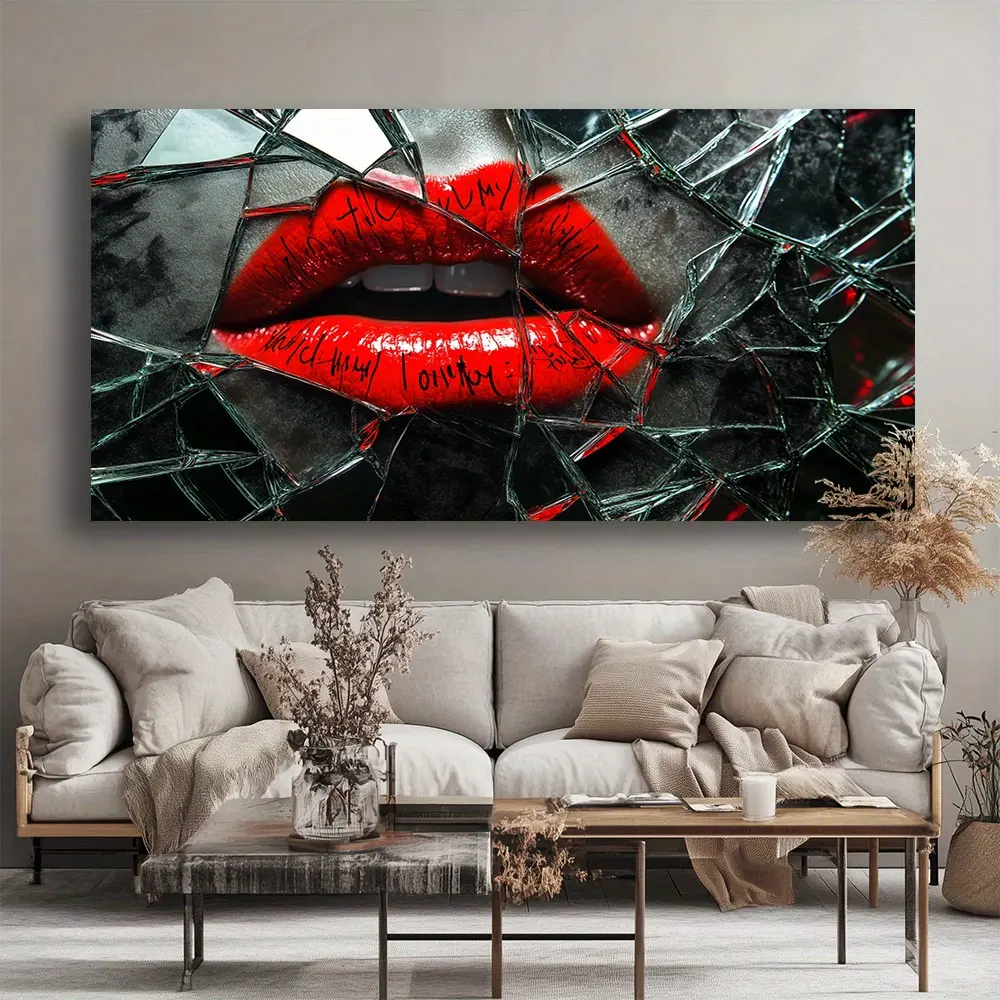 Artistic Red and Black Graphic Wall Art - Framed High-Quality Broken Lip Message Modern Abstract Canvas Print, Contemporary Home Decor for Living Room, Office, Red And Black Graphic Wall Arts