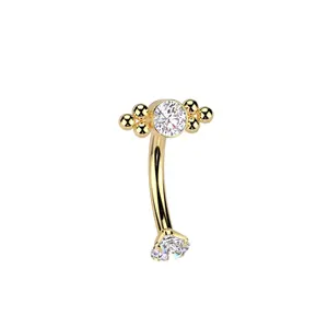 Internally Threaded CZ Crystal and Ball Cluster Curved Eyebrow Barbell - ASTM F-136 Implant Grade Titanium