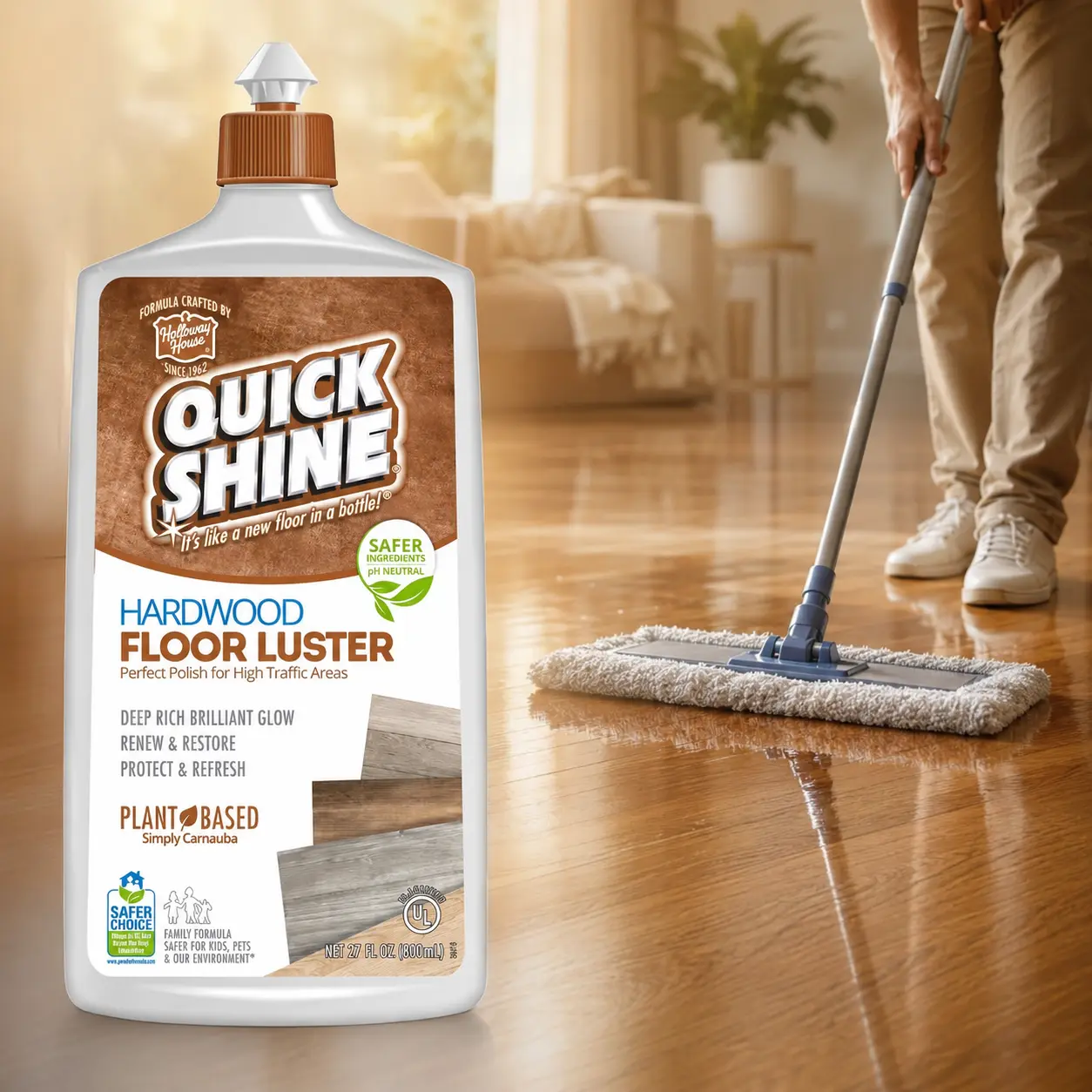 Quick Shine 27 oz. Hardwood Luster Floor Polish,wood floors,high traffic,carnauba wax,deep glow,restore color,restore beauty,protective layer,scratch resistant,micro-scratch fill,leveling agents,EPA Safer Choice,pH neutral,PFAS free,500 sq ft,damp mopping