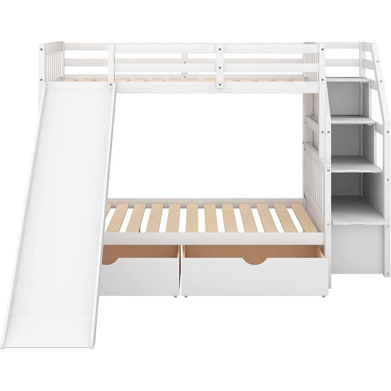 Full over Twin & Twin Bunk Bed with Drawer & Ladder, Triple Bunkbeds Wooden for Kids, Teens, Adults, Gray, White