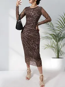 Women's Fashion Elegant Formal Leopard Print Bodycon Long Sleeve Dress, Sexy Waist Cinched Breathable Mesh Long Gown, Stylish and Chic Clothing Elegance Womenswear
