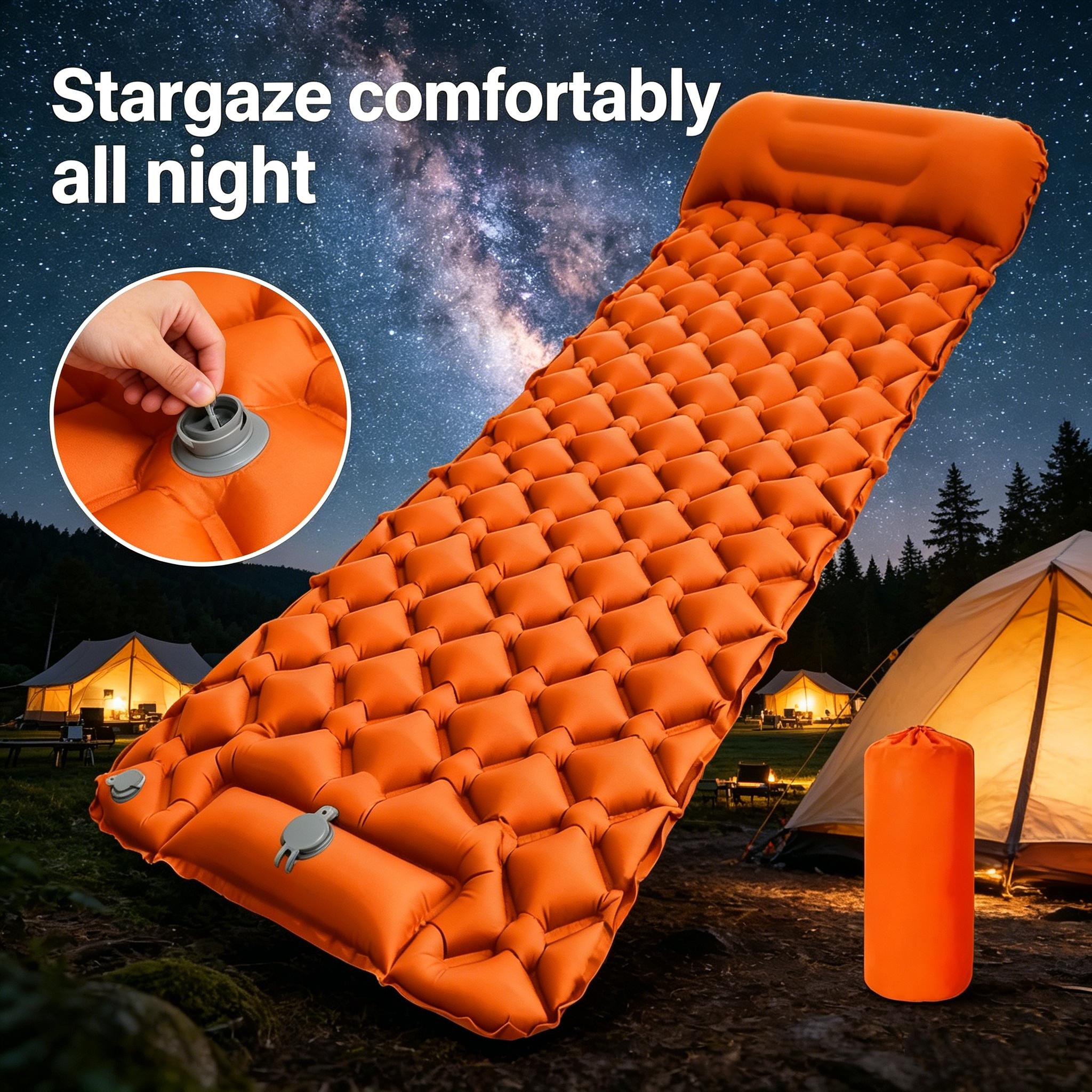 1 single foot inflatable sleeping pad, widened and thickened with drawstring, ultra light and foldable air cushion, suitable for camping, hiking, beach picnicking, travel, family rest, car rest, and outdoor backpacks