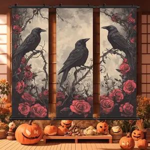 Crow Pattern Canvas Hanging Banner, 3 Counts/set Halloween Wall Art Poster, Wall Art Decor for Home Living Room Bedroom Office, Modern Home Decor