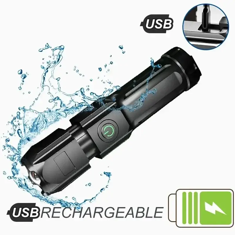 Compact Emergency LED Flashlight, Waterproof Multi-Gear Light with Adjustable Zoom & SOS, USB Rechargeable for Camping & Hunting, Tactical, 1*Charging Cable