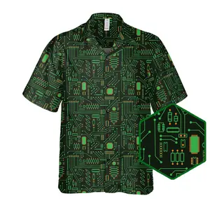 Circuit Board Hawaiian Shirt - Unisex Tech Pattern Electronic PCB Button-Up in Vibrant Green Cotton Blend for Casual Wear Fabric Menswear