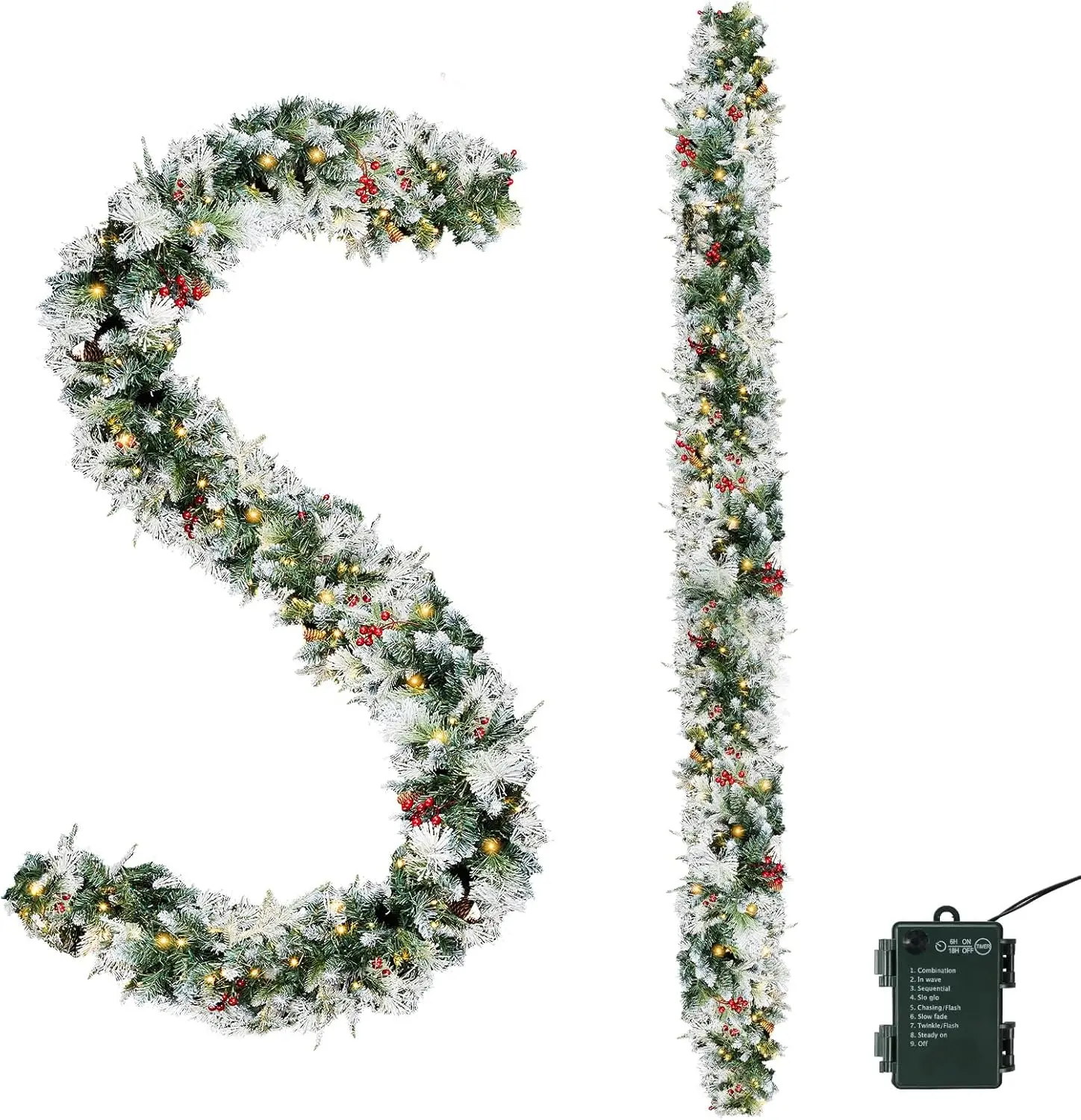 9FT Prelit Christmas Garland, Flocked Garland /200 Warm White LED Lights, 440 Tips, Pine Cones & Red Berries Garland, PE&PVC for Fireplace Mantel Staircase Door Wall Xmas Decor, 2 Pcs