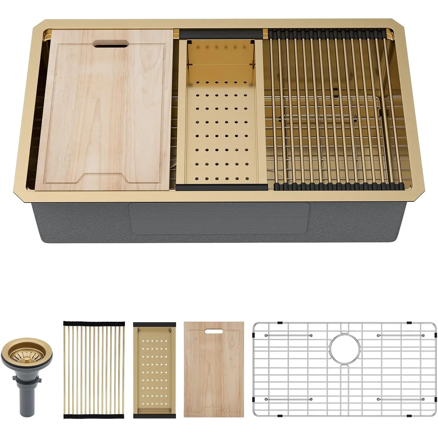 Kichae 30 Inch Gold Undermount Kitchen Sink - Kichae 30 x 19 Stainless Steel Undermount Sink Ledge Workstation 16 Gauge Single Bowl Round Corner Handmade Deep Bowl with Cutting Board、Drain Basket