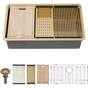 Kichae 33 Inch Gold Undermount Kitchen Sink - Kichae 33 x 19 Stainless Steel Undermount Sink Ledge Workstation 16 Gauge Single Bowl Round Corner Handmade Deep Bowl with Cutting Board