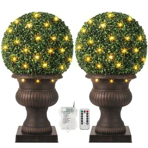Set of 2 Pre-Lit Artificial Boxwood Topiary Ball with Pot - 20" Realistic Faux Plants, 50 LED Lights, 8 Modes, Faux Plant Indoor Outdoor, Home Decor