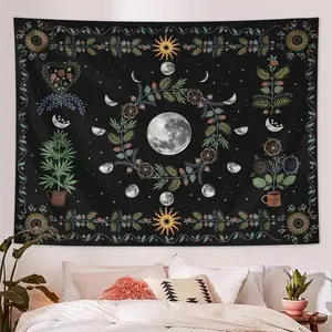 Plant & Flower Pattern Tapestry, Natural Moon Phase Tapestry, Bohemian Mandala Spiritual Tapestry, Wall Hanging for Bedroom Teenager Girls, Decor