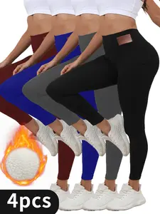 4PCS Super Soft Plush Lined Solid Color Leggings For Women, Workout Yoga Running Thermal Warm Pants For Fall And Winter