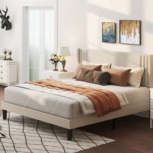Beige Upholstered Platform Bed Frame (Full/Queen/King), Modern Geometric Wingback Headboard, Wood Slat Support, Noiseless, No Box Spring Needed, Bedroom Bed Frame tall