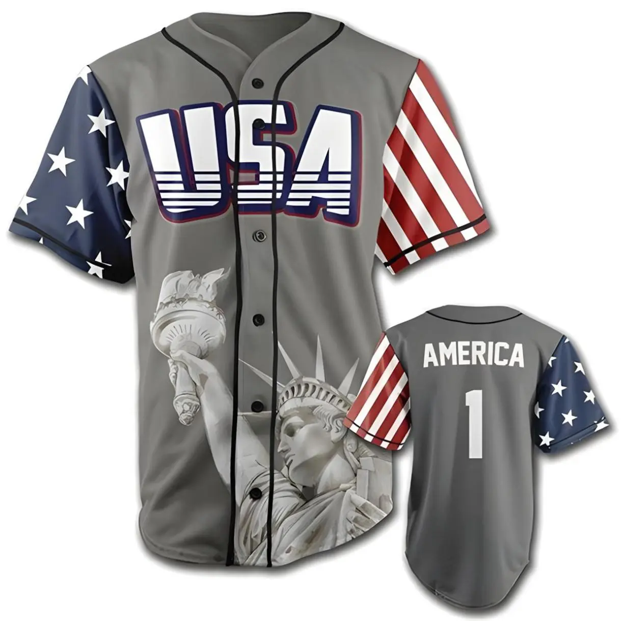 EAGLE SIX - USA Patriotic Baseball Jersey with Statue of Liberty and American Flag Design in Grey White Blue for Men and Women to