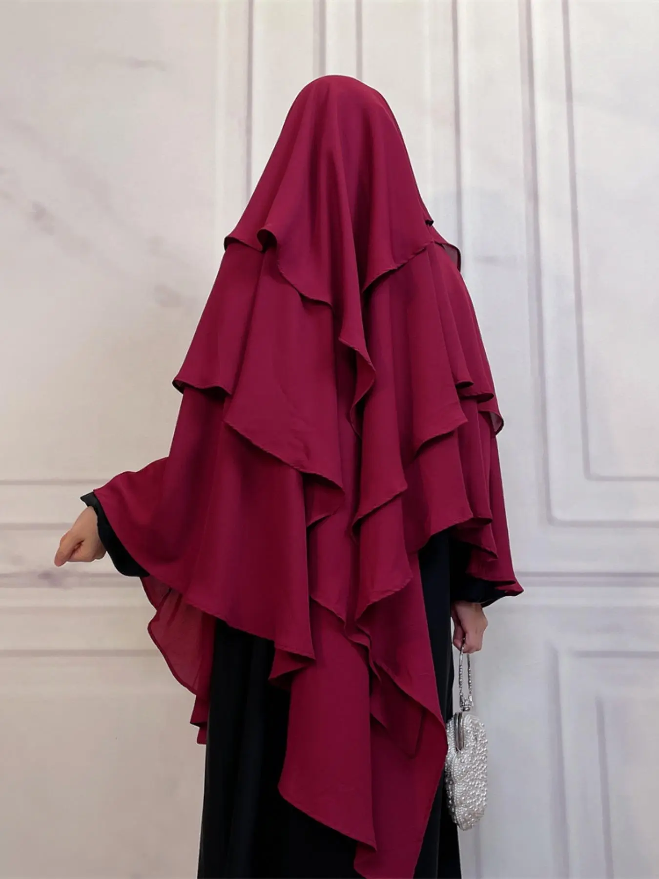Women's Solid Ruffle Trim Tiered Layer Chiffon Hijab, Modest Fashionable Instant Hijab for Daily Wear, For Muslim, Women's Islamic Clothing for Summer